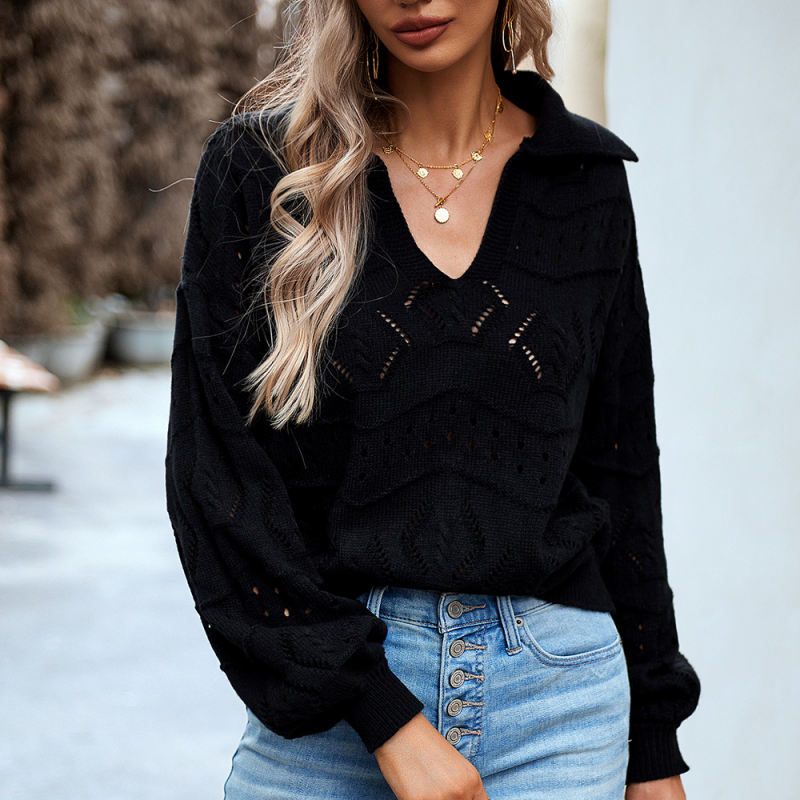 Black Polo V Neck Long Sleeve Knit Sweater