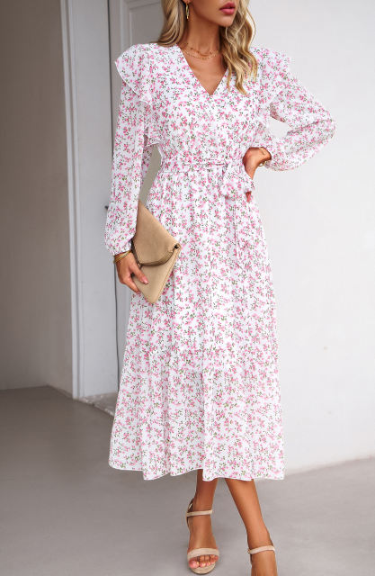 White V Neck Ruffle Detail Long Sleeve Floral Dress