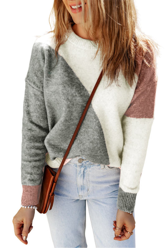 Gray Colorblock Ribbed Trim Round Neck Sweater