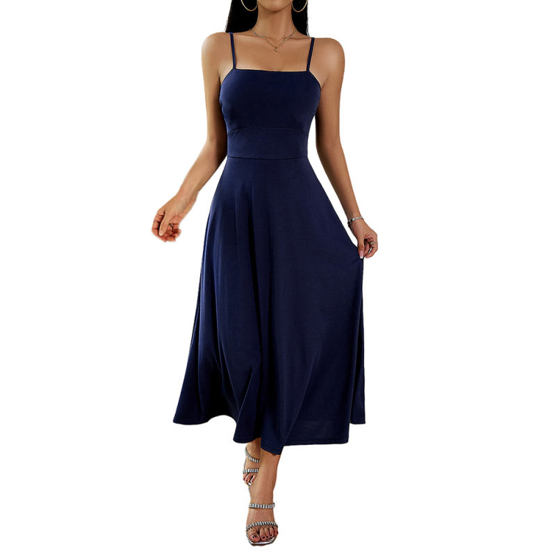 Navy Blue Back Crisscross Spaghetti Straps Long Dress