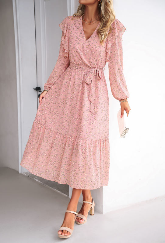 Pink V Neck Ruffle Detail Long Sleeve Floral Dress