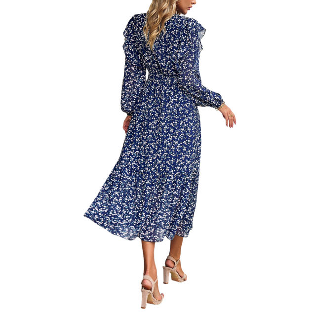 Navy Blue V Neck Ruffle Detail Long Sleeve Floral Dress