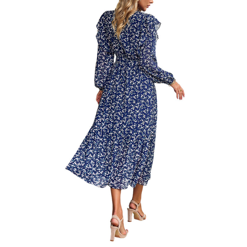 Navy Blue V Neck Ruffle Detail Long Sleeve Floral Dress