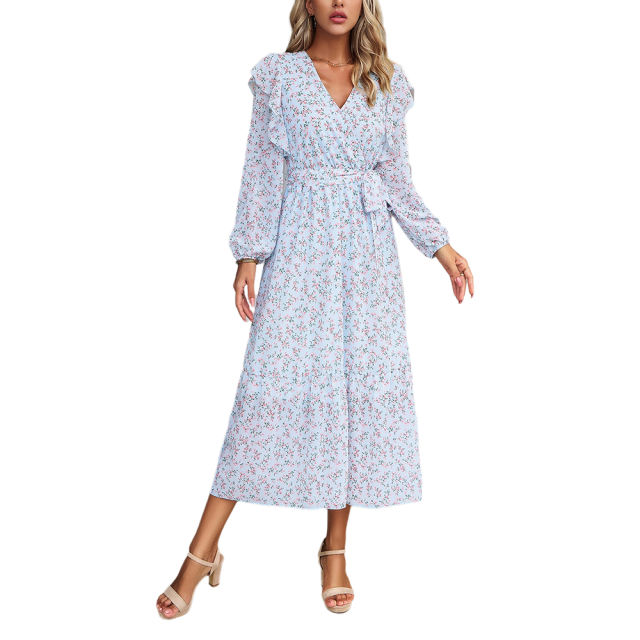 Light Blue V Neck Ruffle Detail Long Sleeve Floral Dress