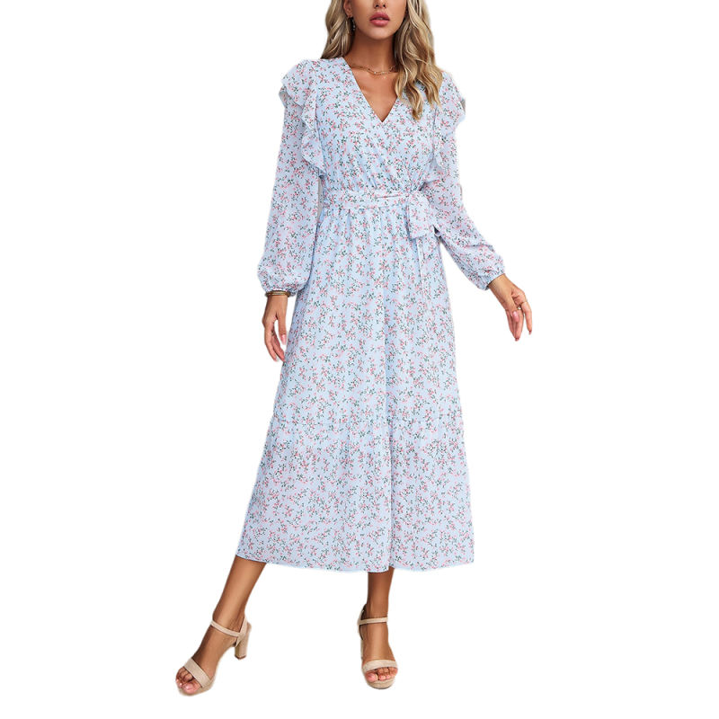 Light Blue V Neck Ruffle Detail Long Sleeve Floral Dress