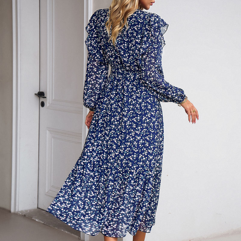 Navy Blue V Neck Ruffle Detail Long Sleeve Floral Dress