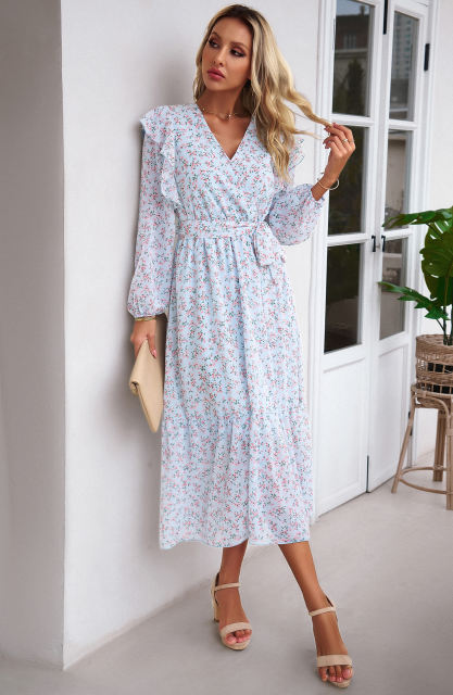 Light Blue V Neck Ruffle Detail Long Sleeve Floral Dress