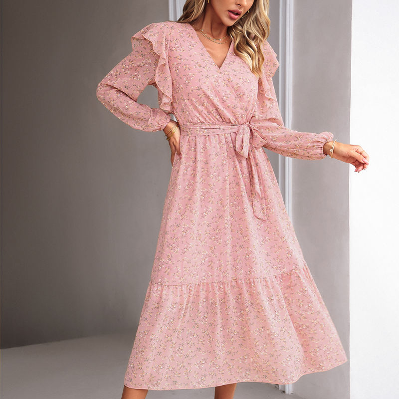 Pink V Neck Ruffle Detail Long Sleeve Floral Dress