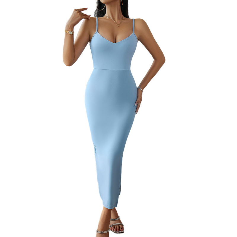 Blue Spaghetti Straps V Neck Split Bodycon Dress