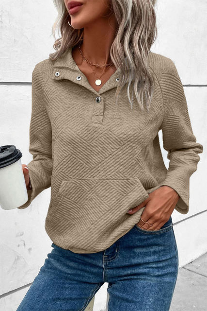 Pale Khaki  Textured Knit Buttoned Kangaroo Pocket Sweatshirt