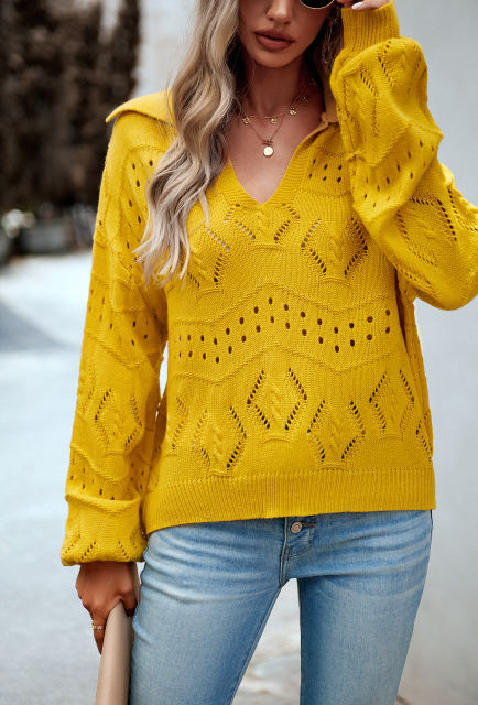Yellow Polo V Neck Long Sleeve Knit Sweater