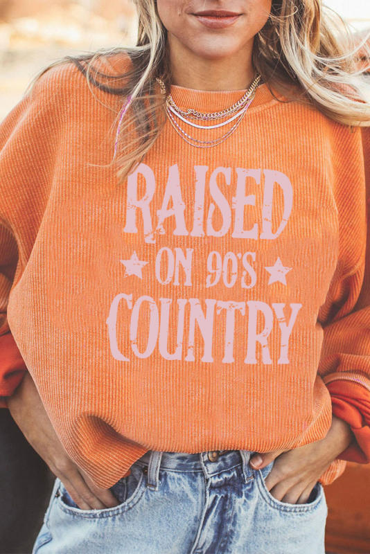 Orange Letter Print Ribbed Long Sleeve Oversized Sweatshirt