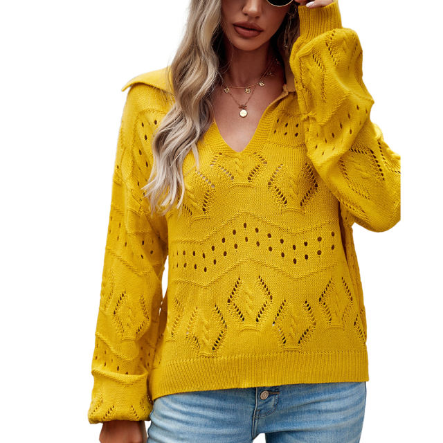 Yellow Polo V Neck Long Sleeve Knit Sweater