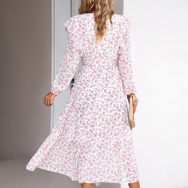 White V Neck Ruffle Detail Long Sleeve Floral Dress