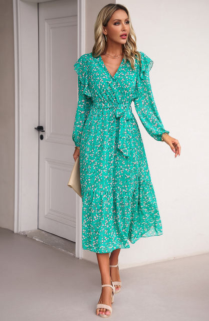 Green V Neck Ruffle Detail Long Sleeve Floral Dress