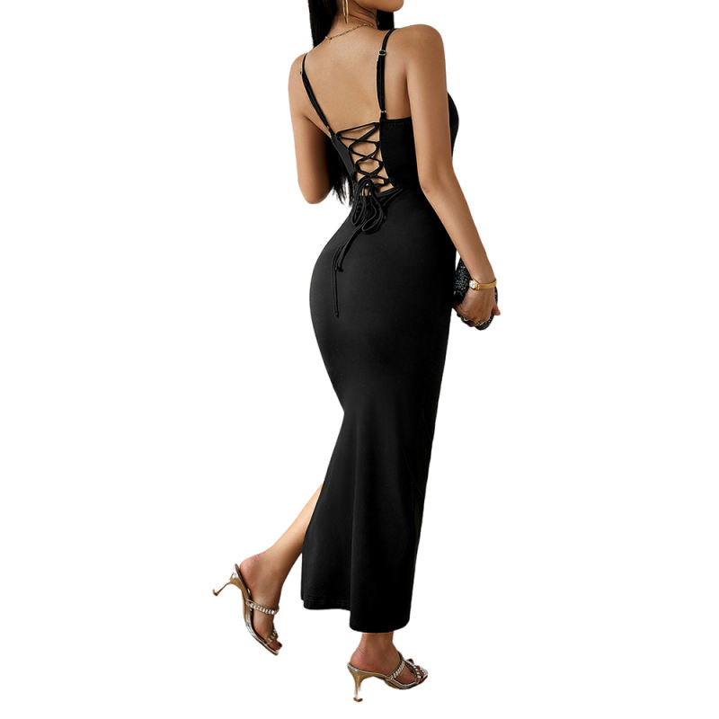 Black Spaghetti Straps V Neck Split Bodycon Dress