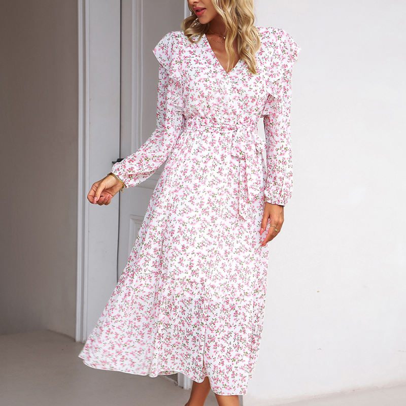 White V Neck Ruffle Detail Long Sleeve Floral Dress