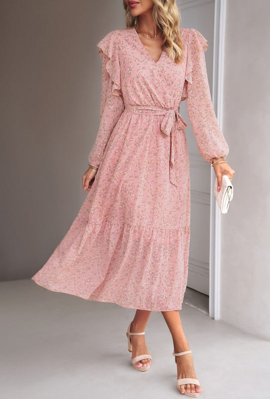 Pink V Neck Ruffle Detail Long Sleeve Floral Dress