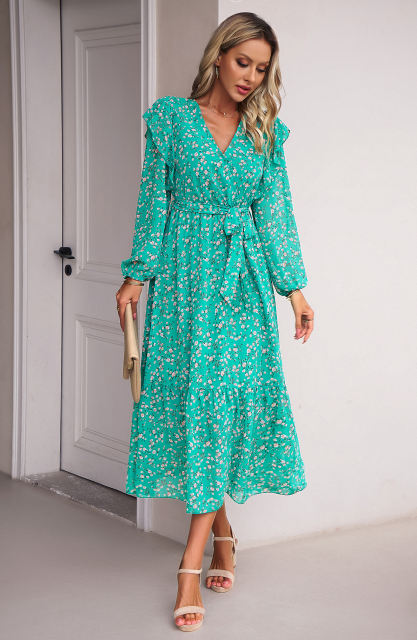 Green V Neck Ruffle Detail Long Sleeve Floral Dress