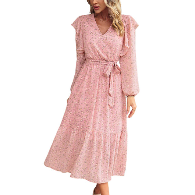 Pink V Neck Ruffle Detail Long Sleeve Floral Dress