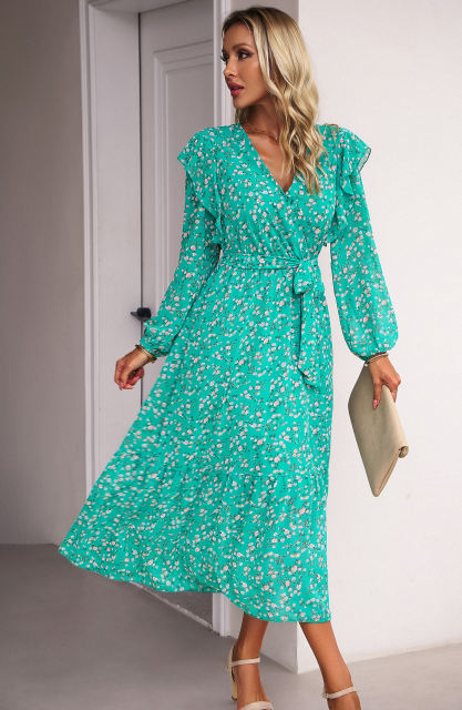 Green V Neck Ruffle Detail Long Sleeve Floral Dress