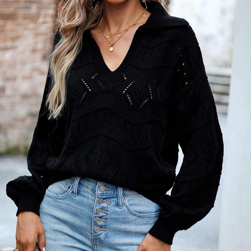 Black Polo V Neck Long Sleeve Knit Sweater