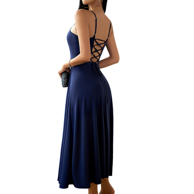 Navy Blue Back Crisscross Spaghetti Straps Long Dress