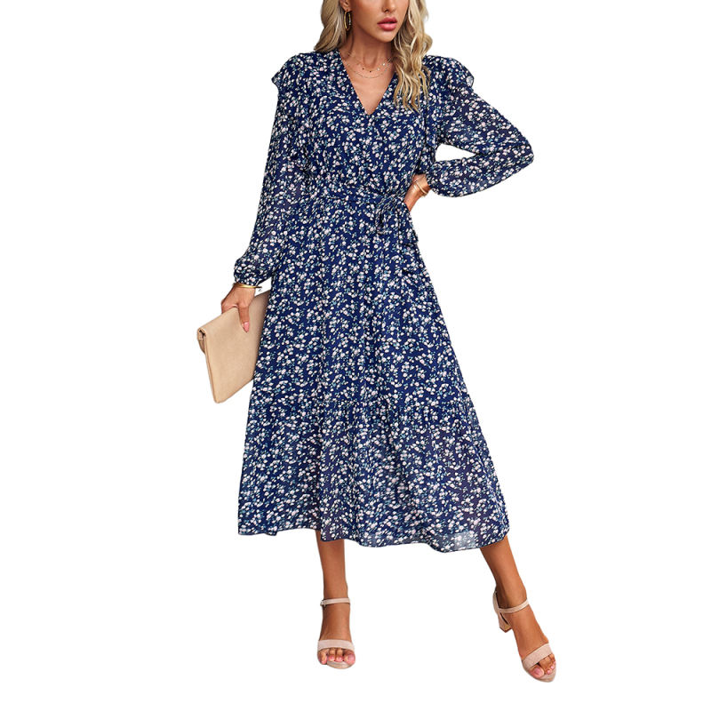 Navy Blue V Neck Ruffle Detail Long Sleeve Floral Dress