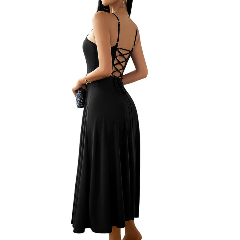 Black Back Crisscross Spaghetti Straps Long Dress