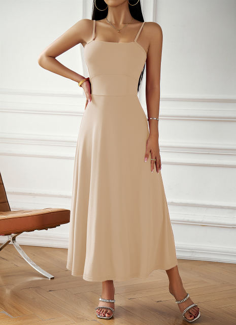 Apricot Back Crisscross Spaghetti Straps Long Dress