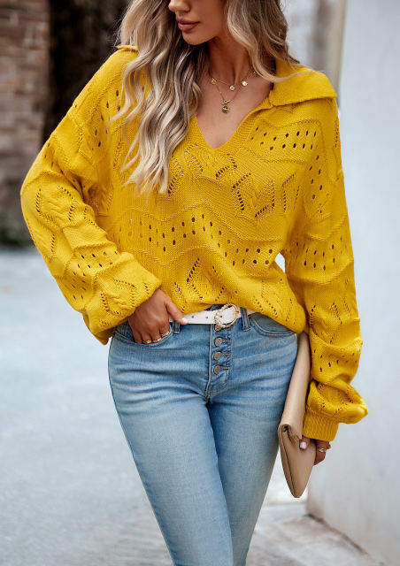 Yellow Polo V Neck Long Sleeve Knit Sweater