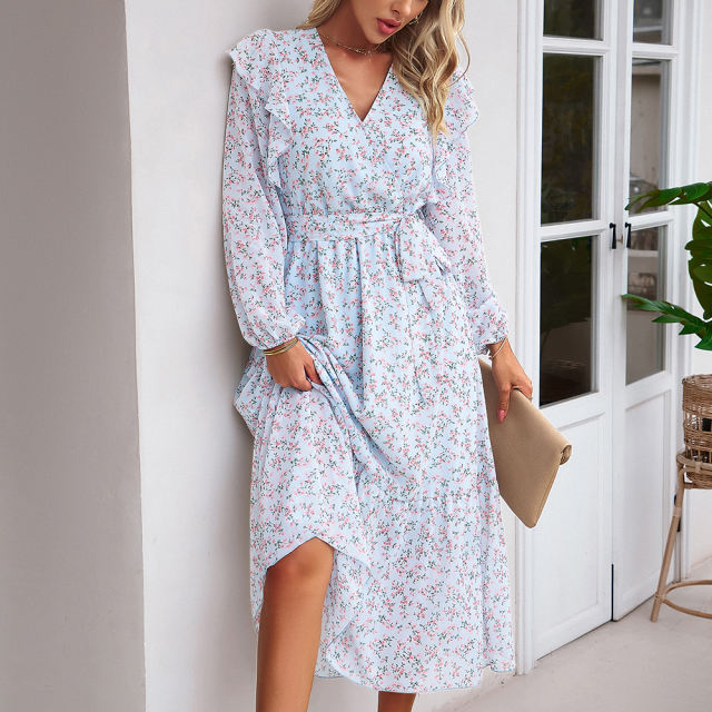 Light Blue V Neck Ruffle Detail Long Sleeve Floral Dress