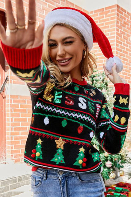 Color Black Christmas Sequin BLESSED Printed Sweater