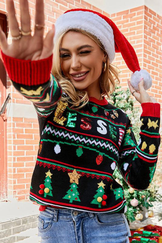 Color Black Christmas Sequin BLESSED Printed Sweater