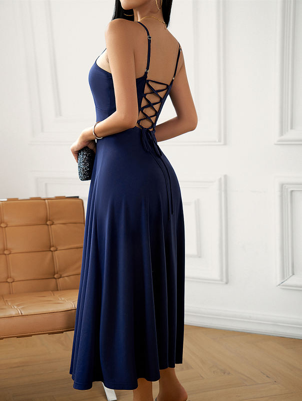 Navy Blue Back Crisscross Spaghetti Straps Long Dress