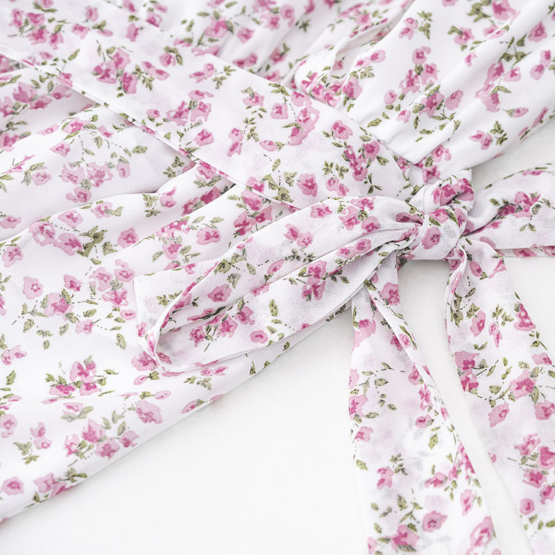 White V Neck Ruffle Detail Long Sleeve Floral Dress