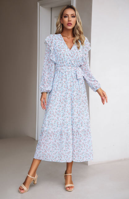 Light Blue V Neck Ruffle Detail Long Sleeve Floral Dress