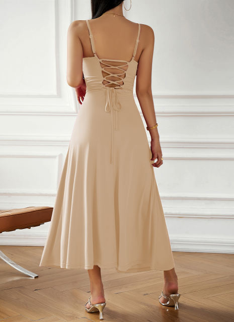 Apricot Back Crisscross Spaghetti Straps Long Dress