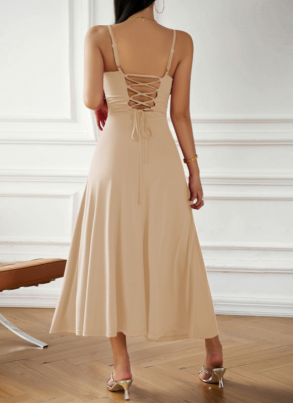Apricot Back Crisscross Spaghetti Straps Long Dress