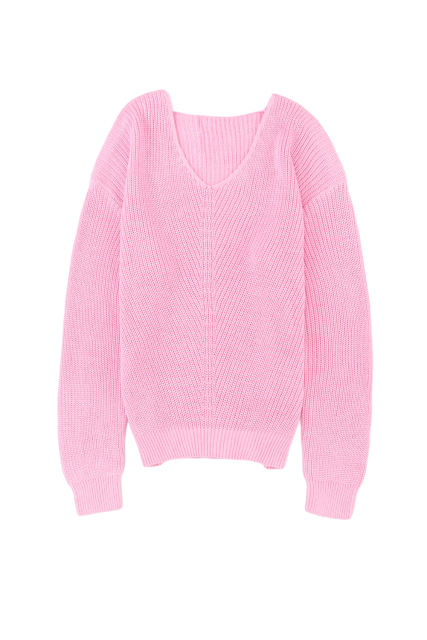 Pink Ribbed Knit V Neck Sweater