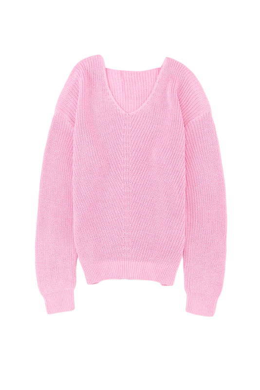 Pink Ribbed Knit V Neck Sweater