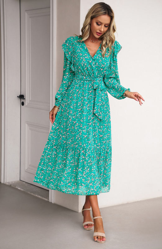 Green V Neck Ruffle Detail Long Sleeve Floral Dress