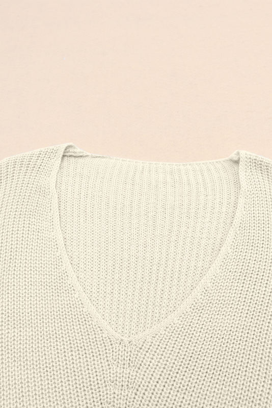 Beige Ribbed Knit V Neck Sweater