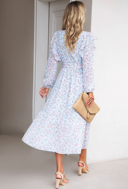 Light Blue V Neck Ruffle Detail Long Sleeve Floral Dress