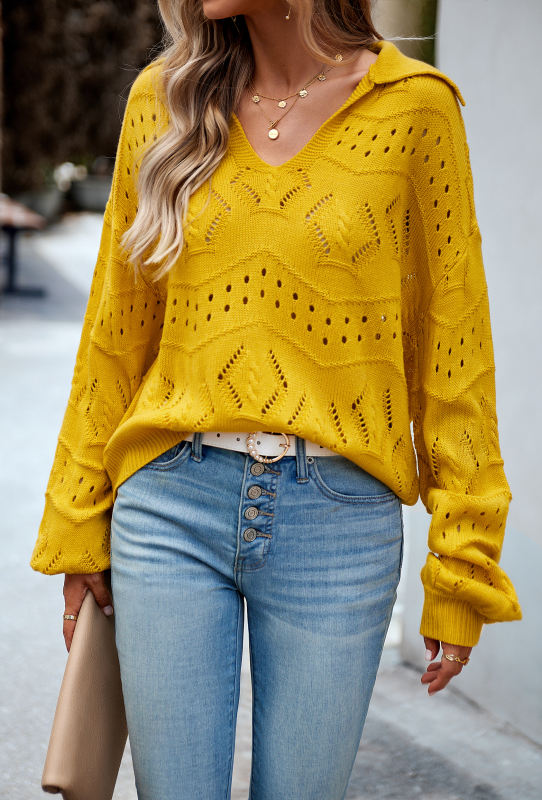Yellow Polo V Neck Long Sleeve Knit Sweater