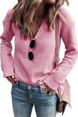 Pink Ribbed Knit V Neck Sweater