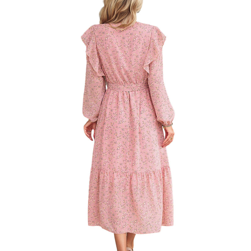 Pink V Neck Ruffle Detail Long Sleeve Floral Dress