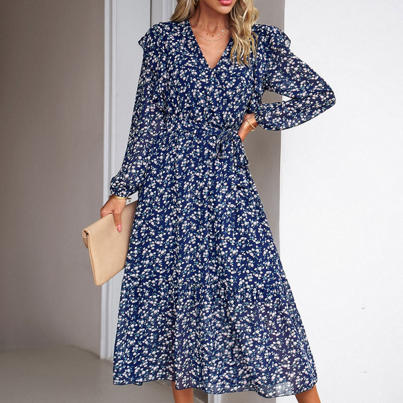 Navy Blue V Neck Ruffle Detail Long Sleeve Floral Dress