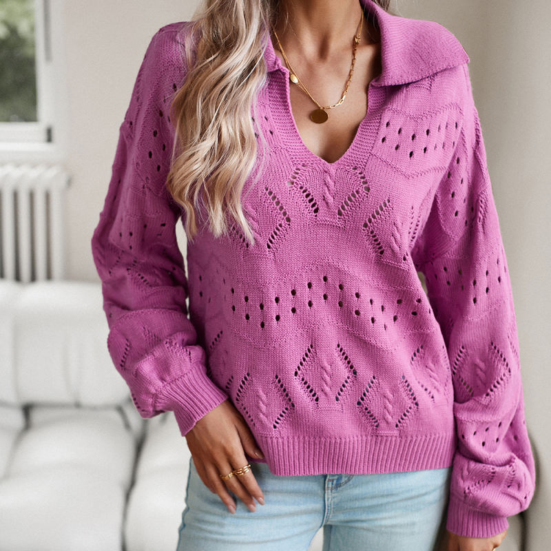 Purple Polo V Neck Long Sleeve Knit Sweater