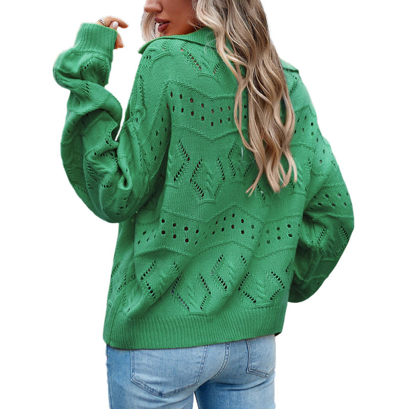 Green Polo V Neck Long Sleeve Knit Sweater